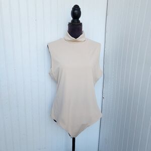 Perfectly Priscilla Women's Beige Bodysuit Stretch Turtleneck Sleveless 2XL